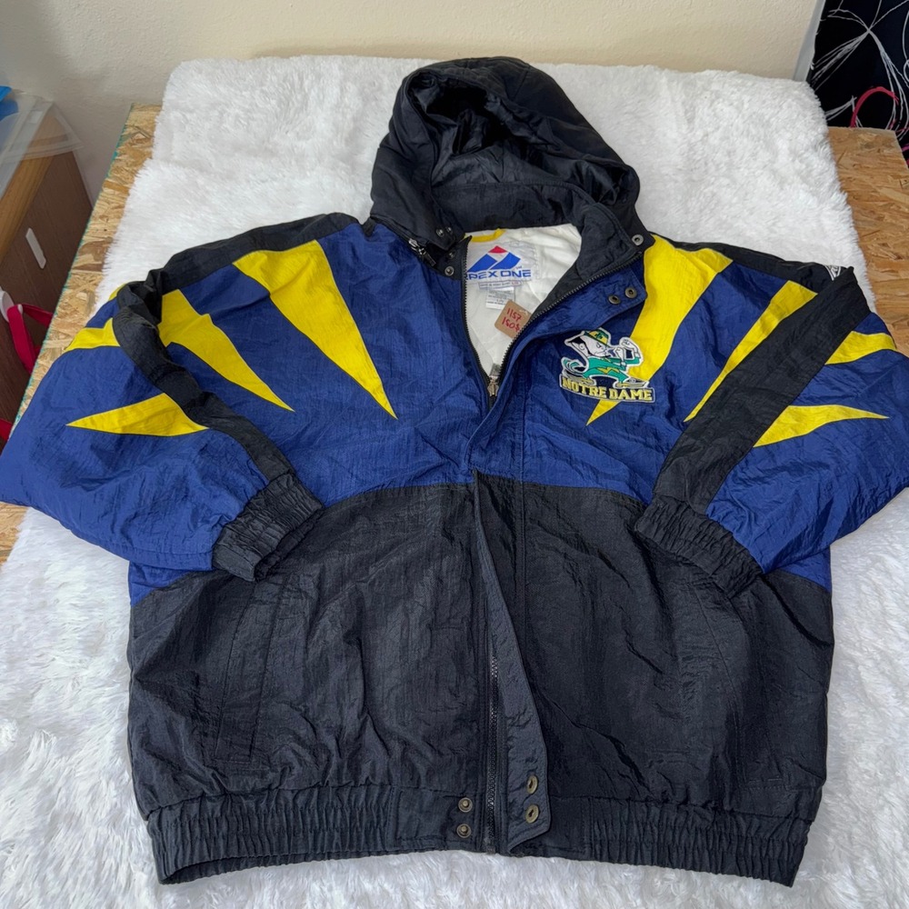 Vtg APEX ONE Notre Dame Fighting Irish Jacket Mens L G Blue Yellow sharktooth
